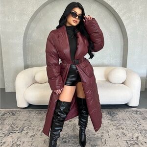 GORGEOUS BELTED PUFFER TRENCH COAT - BURGUNDY